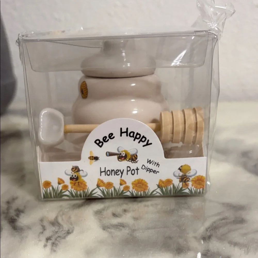 Bee Happy Honey Pot with Dipper - White Ceramic set of 12
